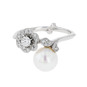 “Anemone”<br>Akoya Pearl Diamond Ring<br>1516B